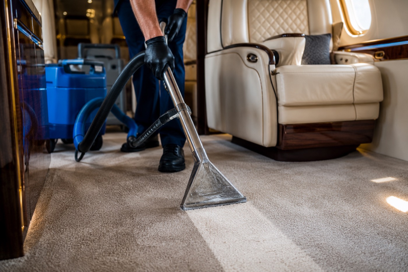 Carpet shampoo and hot-water extraction inside an aircraft cabin