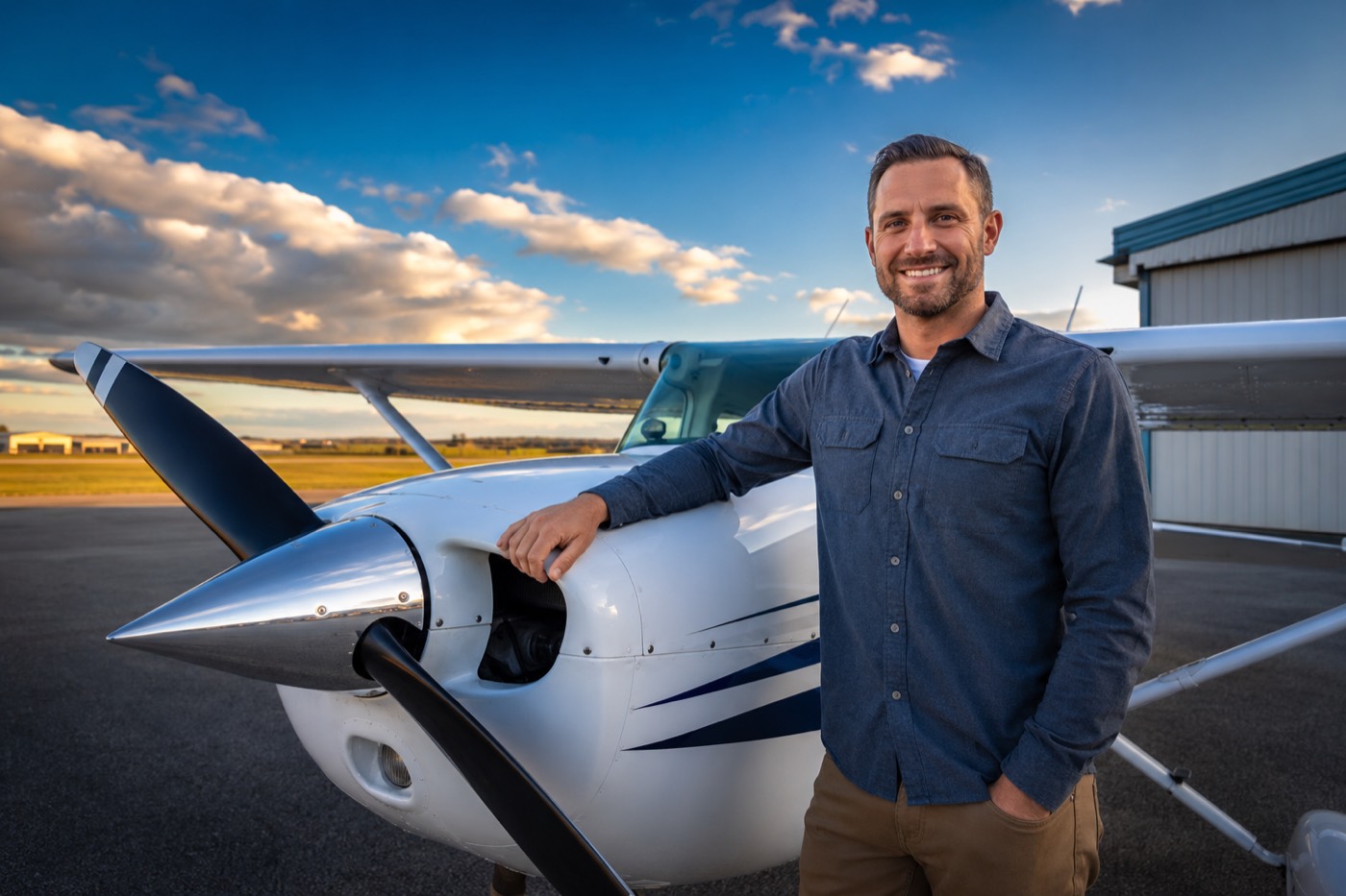 Angel Flight Central volunteer pilot beside a Cessna at a Kansas City area airfield