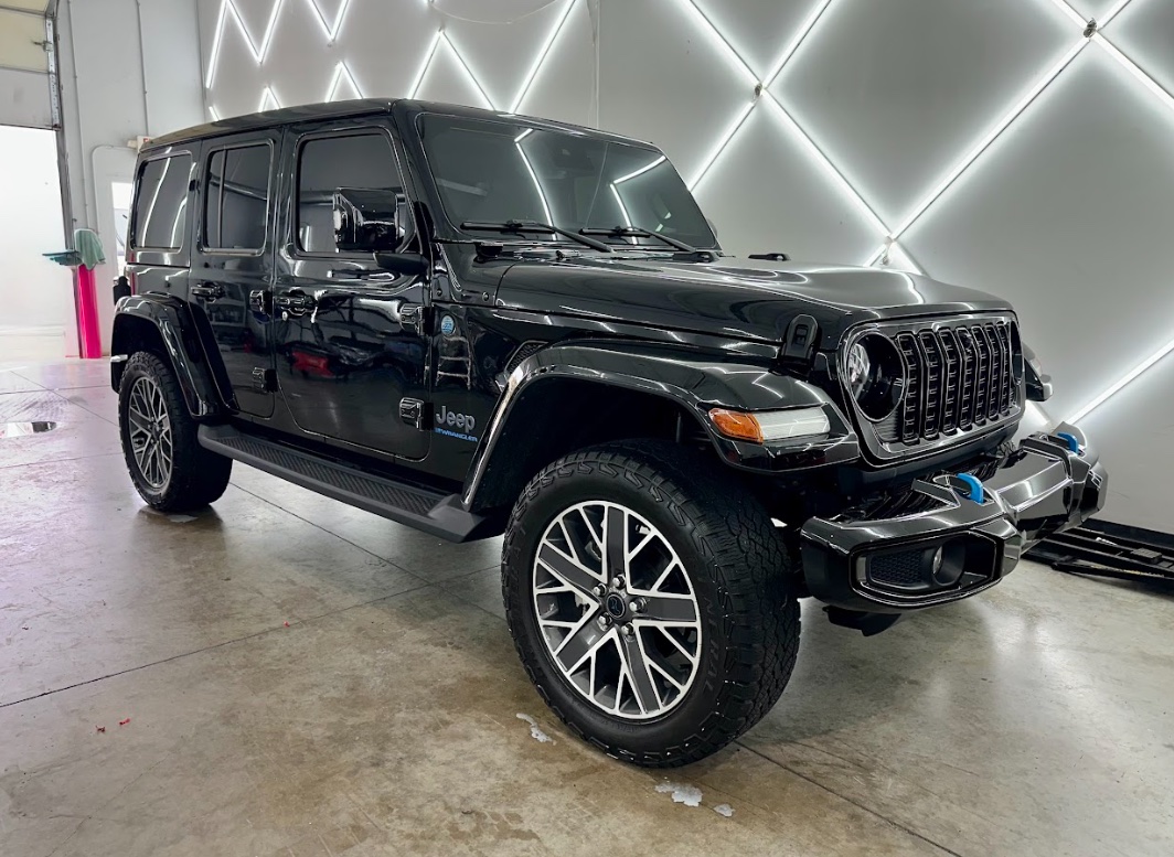 Black Jeep Wrangler with a freshly detailed exterior in Kansas City